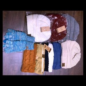 Cc beanies hats, head bands, pair of gloves